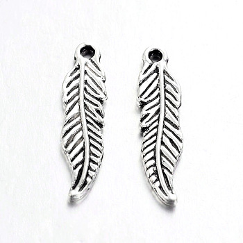 Tibetan Style Alloy Feather Pendants, Cadmium Free & Nickel Free & Lead Free, Antique Silver, 23x6x1.5mm, Hole: 2mm, about 1400pcs/1000g