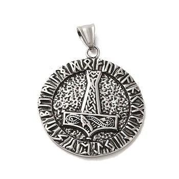 304 Stainless Steel Big Pendants, Flat Round with Thor's Hammer & Six-character Mantra, Antique Silver, 52x38x3mm, Hole: 9mm
