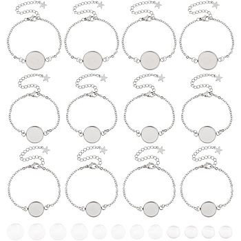 DIY Link Bracelet Making Kits, 12Pcs Dolphin & Cross & Flower & Geometry 304 Stainless Steel Bracelet, Transparent Glass Cabochons and Plastic Ear Nuts, Stainless Steel Color, 24pcs/box