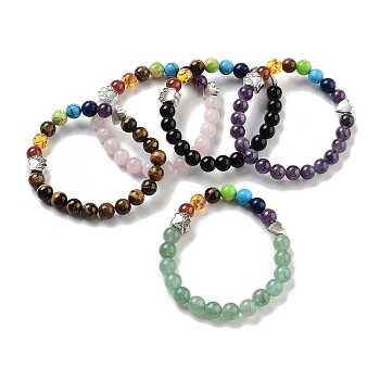 Chakra Round Natural Mixed Stone Beaded Stretch Bracelets, Paw Print Alloy Bracelets for Women, Inner Diameter: 2 inch(5.2cm)