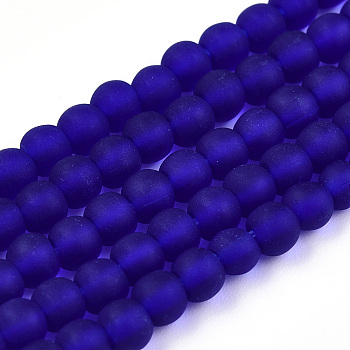 Transparent Glass Beads Strands, Frosted, Round, Dark Blue, 4~4.5mm, Hole: 0.8mm, about 97~99pcs/strand, 14.76 inch~14.96 inch(37.5~38cm)