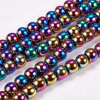 Electroplate Non-magnetic Synthetic Hematite Beads Strands, Round, Grade A, Multi-color Plated, 6mm, Hole: 1.2mm, about 65pcs/strand, 16 inch