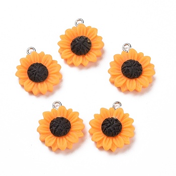 Opaque Resin Pendants, with Platinum Tone Iron Loops, Daisy Flower, Orange, 21x19x6mm, Hole: 2mm