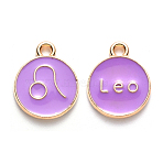 Alloy Enamel Pendants, Cadmium Free & Lead Free, Flat Round with Constellation, Light Gold, Medium Purple, Leo, 22x18x2mm, Hole: 1.5mm(X-ENAM-S124-01A-01G)