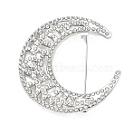 Alloy Rhinestone Lapel Pin Brooches for Clothes, Moon, Platinum, 47x45mm(RB-CBA1800-03B)