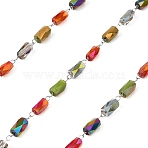 Handmade 304 Stainless Steel  Link Chains, with Glass Retcangle Beads, Soldered, with Spool, Colorful, 5x4mm(GL-CBA98C2-01P)