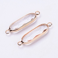 Glass Links connectors, with Brass Findings, Faceted, Oblong, Light Gold, Clear, 28.5x7.7x4.7mm, Hole: 2.4mm(KK-E712-C02)