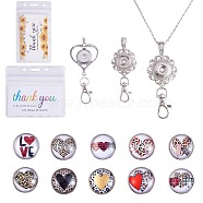 DIY Interchangable Pendant ID Card Holder Necklace Making Kit, Including Glass Snap Cabochon, Heart Alloy Snap Base Settings, 304 Stainless Steel Cable Chains Necklaces, Heart Pattern, 15Pcs/box(DIY-SZ0009-83A)