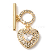 Brass Micro Pave Clear Cubic Zirconia Toggle Clasps, Heart, Real 18K Gold Plated, 25mm, Bar: 16x4x1mm, Hole: 1.2mm; Ring: 9x10x2mm, Hole: 1mm(KK-N254-82G)