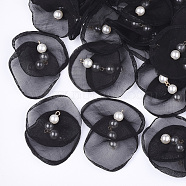 Organza Fabric Pendants, with Iron Findings and ABS Plastic Imitation Pearl, Light Gold, Black, 40~55x43~53mm, Hole: 2mm(FIND-S303-02A)
