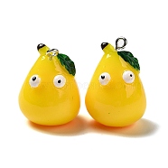Cartoon Opaque Resin Fruit Pendants, Funny Eye Pear Charms with Platinum Plated Iron Loops, Yellow, 28.5x19.5x19mm, Hole: 2mm(CRES-B018-10)