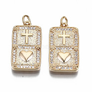 Brass Micro Pave Clear Cubic Zirconia Pendants, Nickel Free, Rectangle with Heart & Cross, Real 18K Gold Plated, 25x23x3mm, Jump Ring: 5x0.7mm, 3mm inner diameter(KK-S356-233G-NF)