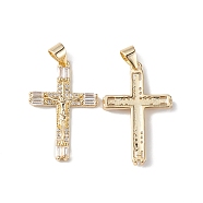Rack Plating Brass Micro Pave Cubic Zirconia Pendants, Lead Free & Cadmium Free, Long-Lasting Plated, Crucifix Cross Charm, Religion, Real 18K Gold Plated, 27x18x3mm, Hole: 3.5x4.5mm(KK-F848-10G)
