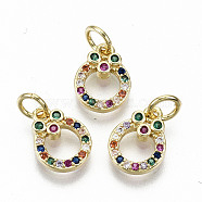Brass Micro Pave Colorful Cubic Zirconia Charms, with Jump Rings, Nickel Free, Ring, Real 16K Gold Plated, 10.5x8x2mm, Jump Ring: 5x0.8mm, 3.4mm inner diameter(ZIRC-S067-168-NF)