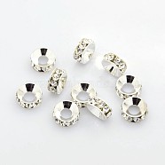 Brass Rhinestone Spacer Beads, Grade A, Rondelle, Silver Color Plated, Crystal, 9x4mm(X-RB-A020-9mm-01S)