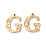 Real 14K Gold Plated 304 Stainless Steel Pendants, with Rhinestone, Letter G, 18x15.5x2mm, Hole: 1.2mm(STAS-L022-157G-G)
