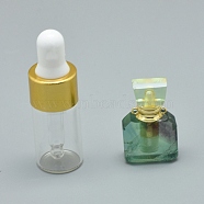 Faceted Natural Fluorite Openable Perfume Bottle Pendants, with Brass Findings and Glass Essential Oil Bottles, 30x18x10.5mm, Hole: 1.2mm, Glass Bottle Capacity: 3ml(0.101 fl. oz), Gemstone Capacity: 1ml(0.03 fl. oz)(G-E556-15A)