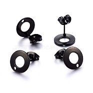 304 Stainless Steel Stud Earring Findings, with Loop, Flat Round, Electrophoresis Black, 10x1mm, Hole: 1.5mm, Pin: 0.8mm(X-STAS-H472-01B)