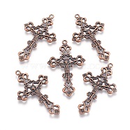 Tibetan Style Alloy Pendants, For Easter, Crucifix Cross Pendant, Red Copper, Lead Free and Cadmium Free and Nickel Free, 43.5x26x3mm, Hole: 2mm(RLF1299Y-NF)