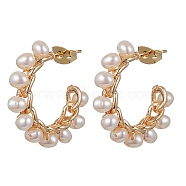 Brass Ring Stud Earrings, Natural Pearl Beaded Half Hoop Earrings, Golden, 25~26x4.5mm(EJEW-JE05541)