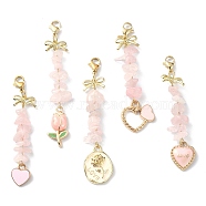 Natural Rose Quartz Chip Beaded Pendant Decorations, Valentine's Day Alloy Enamel Charms and 304 Stainless Steel Lobster Claw Clasps, Heart & Tulip & Bowknot, 61~71mm(HJEW-JM01196)