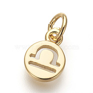 Brass Charms, Lead Free & Cadmium Free, Flat Round with Constellations, Golden, Libra, 9.5x7x1mm, Hole: 3mm(ZIRC-E152-39I-G-RS)