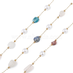 Natural Mixed Gmestone Nugget & Glass Imitation Pearl Beaded Chain, with Golden 304 Stainless Steel Satellite Chains, Unwelded, with Spool, 5~12x4~8x4~7mm, 6x5mm, 2.5x2mm, about 32.81 Feet(10m)/Roll(CHS-C006-02C)