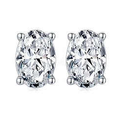 Rhodium Plated 925 Sterling Silver Micro Pave Cubic Zirconia Ear Studs for Women, Oval, Real Platinum Plated, 6x4mm(EJEW-P231-06P)