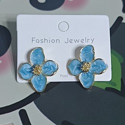 Alloy Enamel Stud Earrings with Brass Earring Pins, Flower, Golden, Light Sky Blue, 26x26mm(FS-WGE19F2-08)