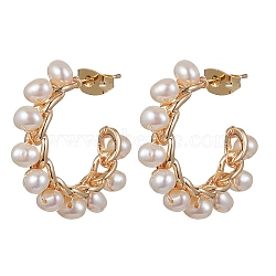 Brass Ring Stud Earrings, Natural Pearl Beaded Half Hoop Earrings, Golden, 25~26x4.5mm(EJEW-JE05541)