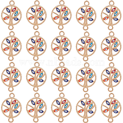 40Pcs Alloy Enamel Connector Charms, Flat Round Tree Links with Evil Eye, Rose Gold, Colorful, 23.5x16.5x2mm, Hole: 2mm(FIND-SC0006-10)