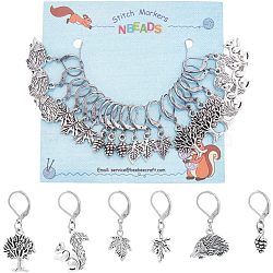 18Pcs 6 Style Hedgehog & Squirrel & Leaf & Pine Cone Tibetan Style Charms Locking Stitch Marker, with 304 Stainless Steel Leverback Earring Hook, Antique Silver, 30~39mm, Pin: 0.5mm, 3Pcs/style(HJEW-PH01552)