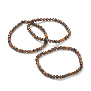 Natural Tiger Eye Beaded Stretch Bracelets, Round, Beads: 4~5mm, Inner Diameter: 2-1/4 inch(5.65cm)