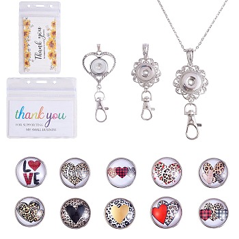 DIY Interchangable Pendant ID Card Holder Necklace Making Kit, Including Glass Snap Cabochon, Heart Alloy Snap Base Settings, 304 Stainless Steel Cable Chains Necklaces, Heart Pattern, 15Pcs/box
