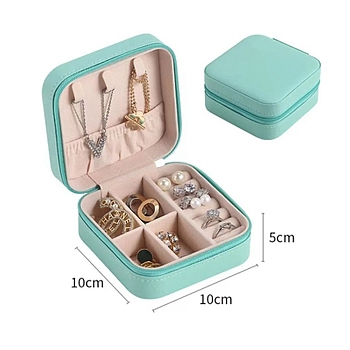 Imitation Leather Jewelry Storage Zipper Boxes, Travel Portable Jewelry Organizer Case for Necklaces, Earrings, Rings, Square, Turquoise, 10x10x5cm