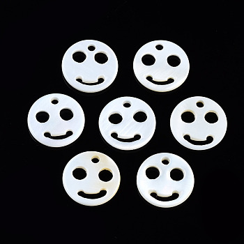 Natural Freshwater Shell Charms, Flat Round with Smilling Face, 10x1mm, Hole: 1.4mm