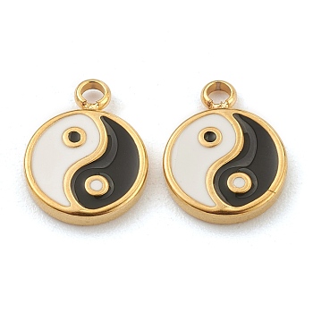 Fashion 304 Stainless Steel Enamel Charms, Flat Round with Tai Ji, Golden, 13x10x2mm, Hole: 1.8mm