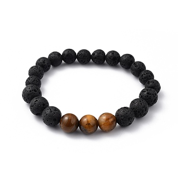 Natural Tiger Eye & Lava Rock Beaded Stretch Bracelets, Round, Inner Diameter: 2 inch(5.2cm), Beads: 8.5mm and 10.5mm