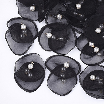 Organza Fabric Pendants, with Iron Findings and ABS Plastic Imitation Pearl, Light Gold, Black, 40~55x43~53mm, Hole: 2mm