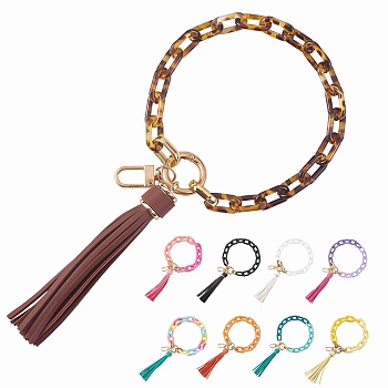 Chain Link Wristlet Keychain, Acrylic Bracelet Tassel Keychain, with Alloy Findings, Coconut Brown, 29cm