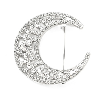 Alloy Rhinestone Lapel Pin Brooches for Clothes, Moon, Platinum, 47x45mm