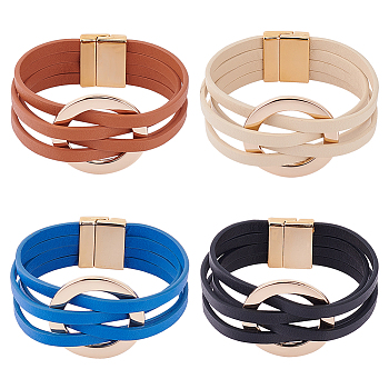 4Pcs 4 Colors PU Leather Multi-strand Bracelets Set with Magnetic Clasps, Light Gold Alloy Ring Link Bracelets, Mixed Color, 7-5/8 inch(19.5cm), 1Pc/color