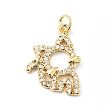 Rack Plating Brass Micro Pave Clear Cubic Zirconia Pendants, with Jump Rings, Cadmium Free & Lead Free, Cat, Real 18K Gold Plated, 20x15.5x3mm, Hole: 3.5mm