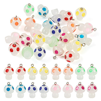 32Pcs 8 Colors Luminous Transparent Resin Pendants, Glow in the Dark, Mushroom Charms, with Platinum Plated Iron Loops, Mixed Color, 21x14mm, 4pcs/color