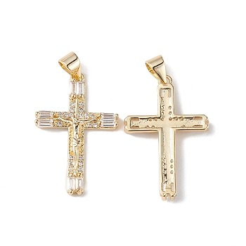 Rack Plating Brass Micro Pave Cubic Zirconia Pendants, Lead Free & Cadmium Free, Long-Lasting Plated, Crucifix Cross Charm, Religion, Real 18K Gold Plated, 27x18x3mm, Hole: 3.5x4.5mm