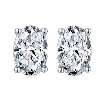 Rhodium Plated 925 Sterling Silver Micro Pave Cubic Zirconia Ear Studs for Women, Oval, Real Platinum Plated, 6x4mm