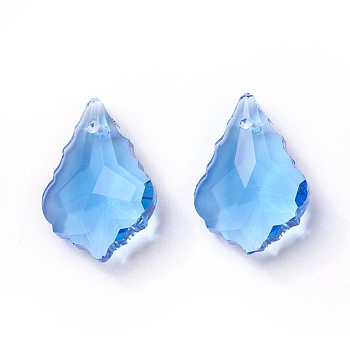Faceted Glass Pendants, Leaf, Cornflower Blue, 22x15.5x8.5mm, Hole: 1mm