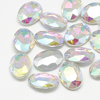 Pointed Back Glass Rhinestone Cabochons, Back Plated, Faceted, Oval, Crystal AB, 18x13x5.5mm