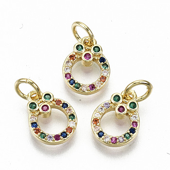 Brass Micro Pave Colorful Cubic Zirconia Charms, with Jump Rings, Nickel Free, Ring, Real 16K Gold Plated, 10.5x8x2mm, Jump Ring: 5x0.8mm, 3.4mm inner diameter
