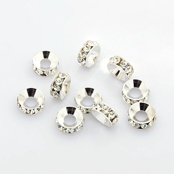 Brass Rhinestone Spacer Beads, Grade A, Rondelle, Silver Color Plated, Crystal, 9x4mm